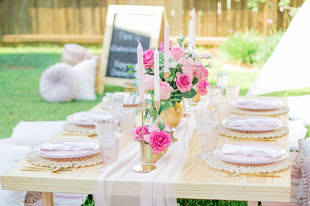 Roses on plate at anniversary picnic event in Orange County